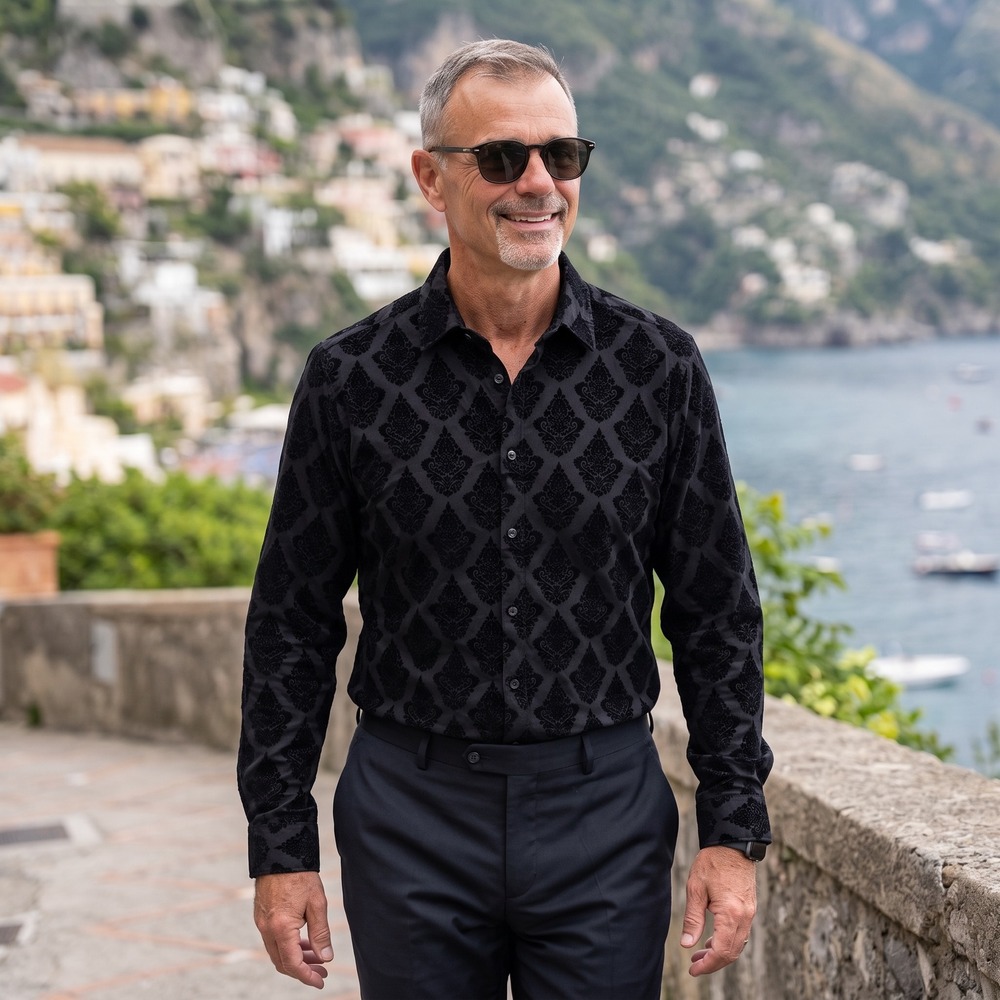 Six Lincoln New York Mens Black Damask Flocked Velvet Button Down Shirt GW9S16 S